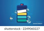 Business people, engineers, and development teams gathered to charge batteries,  they charge batteries, for better efficiency, top view as virtual vector illustration, flat design