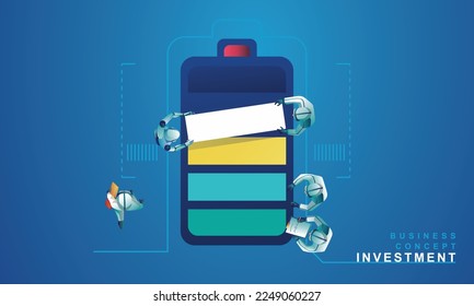 Business people, engineers, and development teams gathered to charge batteries,  they charge batteries, for better efficiency, top view as virtual vector illustration, flat design