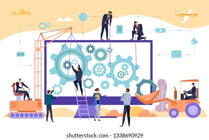 Business people and engineers project management and building concept. Flat vector with gears and construction equipment. Team working hard on digital project development.