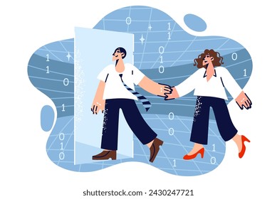 Business people are entering digital door, eager to use innovative methods or introduce cyber technologies in management. Man and woman travel through digital world with binary code and holding hands