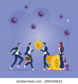 business people entrepreneur manager take money from government and give salary to employees, virus pathogen, government help pay salary