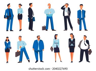 Empresarios, empresarios y trabajadores con ropa y trajes formales. Hombres y mujeres con maletín y bolsos, empleadores y empleados, ejecutivos y dueños lucen la moda. Vector de estilo plano