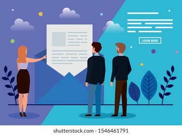 business people with envelope and leafs vector illustration design