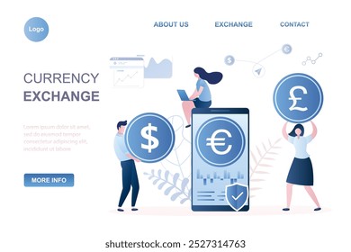 Gente de negocios con monedas de euro y dólar. Smartphone grande con la aplicación del mercado de valores de la divisa y el signo de la libra del Reino Unido. Plantilla de landing page del mercado global y de intercambio. Ilustración vectorial de estilo de moda.