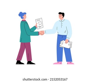 Business people exchanging documents of company corporate rules or partnership agreement, flat cartoon vector illustration isolated on white background.