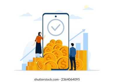 Business people explain how to increase financial value through smartphones. Businessman next to pile of gold coins. Social media, E-commerce, Big phone. Flat vector illustration on background.