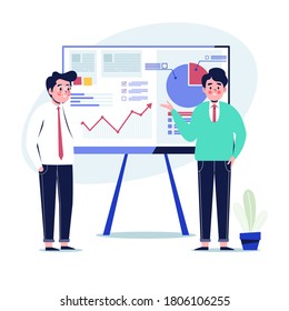 Empresarios explicando gráficos de información. Ilustración vectorial de diseño plano