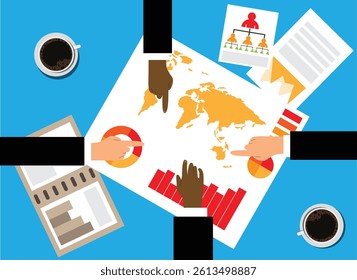 Business People Exploring Sales Graphs at the Table Top View. People at work and activities vector art