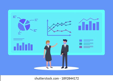 Business people in face mask discussing together with financial graph on the virtual screen. Business vector concept