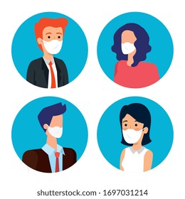 Geschäftsleute mit Gesichtsmaske in Rahmen, Vektorillustration-Design