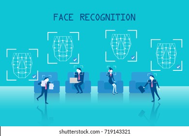 business people with face recognition on the blue background