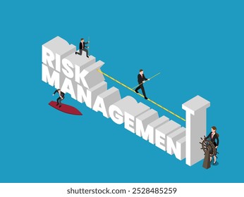Pessoas de negócios personagens sem rosto em ação em torno da palavra GERENCIAMENTO DE RISCO sobre o mapa de mundo digital ilustração vetorial isométrica 3D