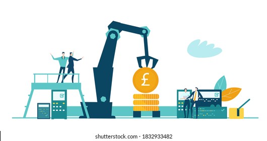 Business people at factory next to production line. Manufacturing money. Time is money concept
