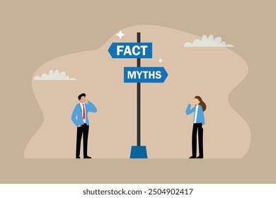 Business people at Facts vs Myths directional sign 2d flat vector illustrations