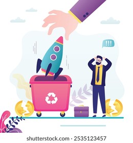 Business people failed project. Businessman investor stand near trash can, human hand throw rocket in garbage. Concept of startup failure, financial losses and unsuccessful launch. vector illustration