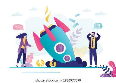 Business people failed with project. Female and male character stands near burning rocket. Spaceship falled down. Concept of startup failure and unsuccessful launch. Trendy flat vector illustration