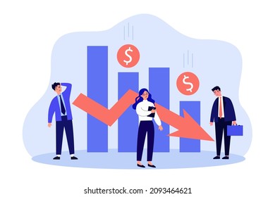 Business People With Falling Chart Of Stock Market. Frustration Of Tiny People From Losing Money Flat Vector Illustration. Bankruptcy, Finance Concept For Banner, Website Design Or Landing Web Page