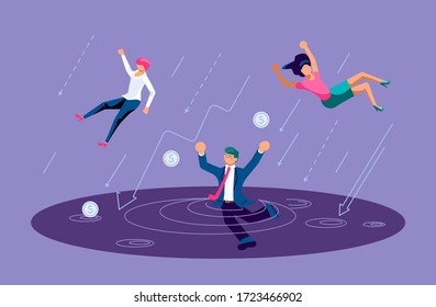 Business people falling down and drowning. Bankruptcy and investment failure and budget collapse. Economic crisis caused by coronavirus outbreak. Isolated on purple. Flat Art Vector Illustration