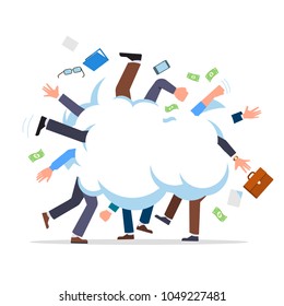 Business People Fight Cartoon. Business Man Battle With Each Other. Colleagues Group Fighting In Smoke Cloud Tussle. Flat Style Isolated Vector Character Illustration