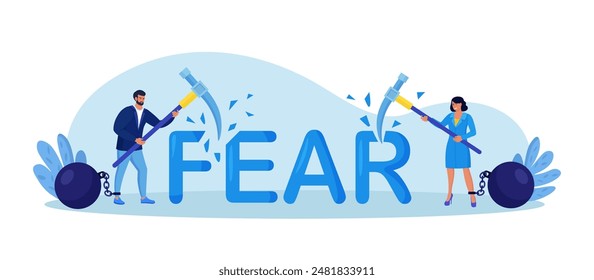 Business people fighting with fear. Overcome fear, challenge difficulty, courage to fight back. Character win over obstacle or difficulty. Confrontation or confidence to defeat fear