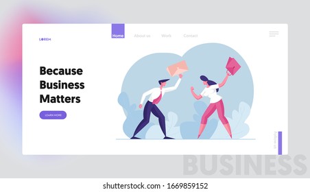 Business People Fighting Landing Page Template. Office Woman And Man Hitting Each Other With Bags. Manager Business Characters Battle Or Challenge, Unfair Fight. Cartoon People Vector Illustration