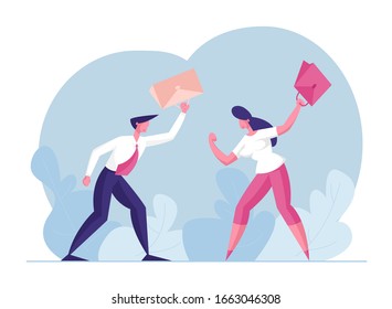 Business People Fighting. Office Woman And Man Hitting Each Other With Bags. Manager Characters Business Competition, Battle Or Challenge For Leadership, Unfair Fight. Cartoon Flat Vector Illustration