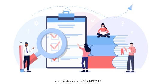 Business people fill out a form,  for web banners, infographics, websites. done job, checklist, long paper document and to do list with checkboxes. Online education, books, exam, library, students
