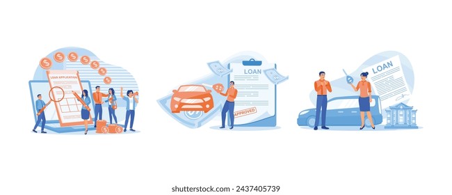 Business people fill out a loan application letter online. Bank approval for loan money to buy a car. Car credit. Approved Loan concept. Set flat vector illustration.