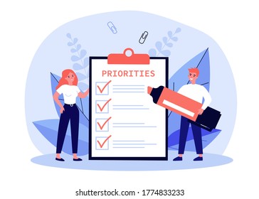 Business people filling out priorities list. Man with felt tip pen drawing check marks in task list, or checklist on notepad, marking checkboxes. Vector illustration for management, planning concept