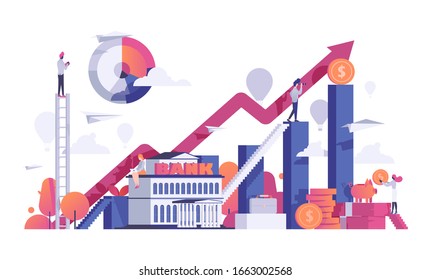 Business people finance bank vector illustration. Financial analytic growth graph. Banking concept, money background graphic design. currency, businessman do online payment flat style business people