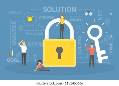 Business people find the solution. Group of characters solving the problem. Key as a metaphor of solution. Flat vector illustration