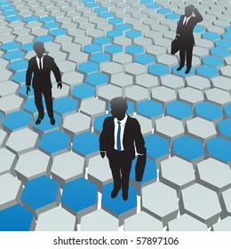 Business people find solutions in a social media hexagon network.
