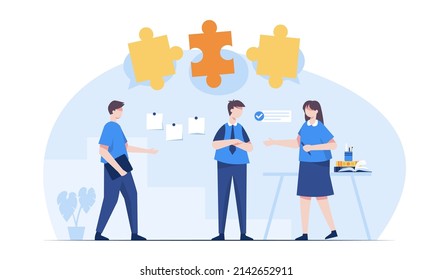 Business people finding solution together at office. People meeting for solutions to slove problem. Teamwork, brainstorming, business meetings and partnership people connecting puzzle elements.