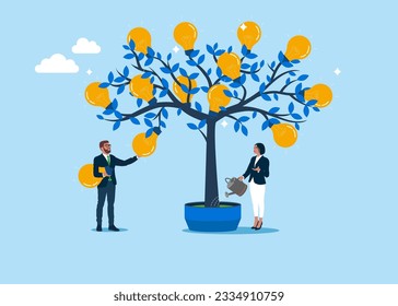 Business people finish watering growing and picking light bulb from money tree. Investment growth and idea. Vector illustration