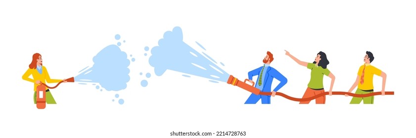 Business People Firefighters, Male and Female Characters with Extinguisher Pouring Foam on Each Other Isolated on White Background. Overworked Employees Stress Situation. Cartoon Vector Illustration