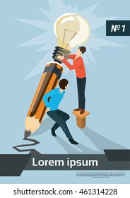 Business People Fix Light Bulb On Pencil Creative Idea Concept Flat Vector Illustration