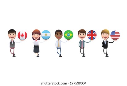 Business people with flag buttons over white background 