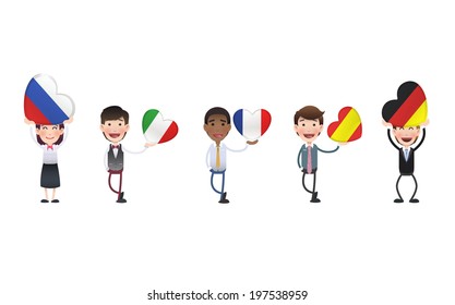 Business people with flag hearts over white background 