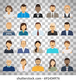 Business People Flat Avatars. Men And Women Business And Casual Clothes Icons Isolated On Transparent Background. Vector Illustration