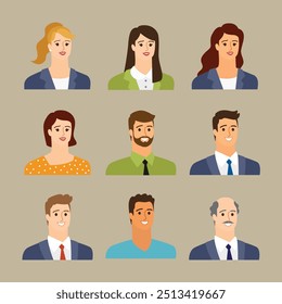 Business people flat avatars set with smiling face. Team icons collection. Vector illustration.