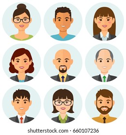 Business people flat avatars set with smiling face. Team icons collection. Vector illustration.