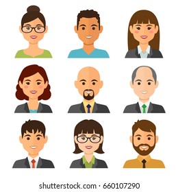 Business People Flat Avatars Set With Smiling Face. Team Icons Collection. Vector Illustration.