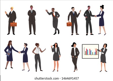 Business people flat vector characters set. Businessmen and businesswomen in formal clothes suits. Company boss, CEO, corporate worker, office manager, secretary illustration