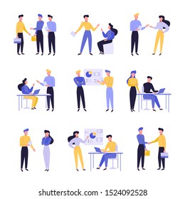 Business people flat vector illustrations set. company staff, personnel cartoon characters. Professional analysts, marketers team. Young entrepreneurs, office workers