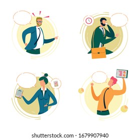 Conjunto de ilustraciones de vectores planos para personas de negocios. Jefe enojado, empresaria arrolladora, empresaria y exitosa trabajadora de oficina personajes de caricatura. Personal de la empresa con burbujas de voz vacías