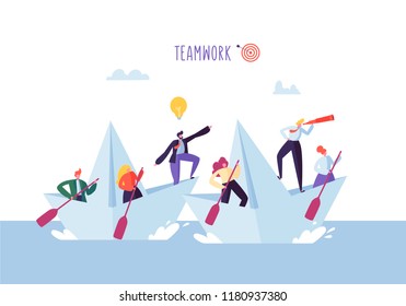 Business People Floating on a Paper Ship. Flat Characters with Spyglass Sailing on Boats. Team Work and Leadership Concept. Vector illustration