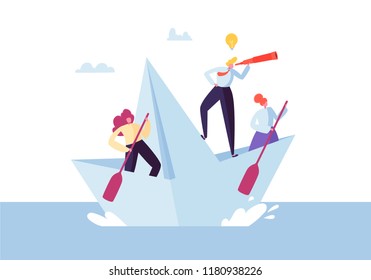 Business People Floating on a Paper Ship. Flat Characters with Spyglass Sailing on Boats. Team Work and Leadership Concept. Vector illustration