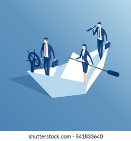 Business people are floating on a paper boat on the sea isometric illustration. Business concept teamwork and leadership