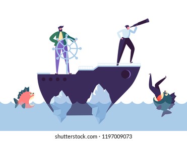 Business People Floating on the Ship in the Dangerous Water with Sharks. Leadership, Support, Crisis Manager Character, Teamworking Concept. Vector illustration