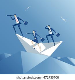 business people floating on the waves on a paper boat, team  on a paper ship in heavy sea, business concept teamwork and risk